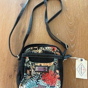 St. John's Bay Black and Red Crossbody Bag with Floral Design